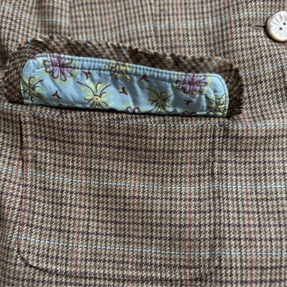 J. Jill Brown Plaid Blazer Jacket Size 4 Velvet Trim Blue Floral Lining Pockets - Picture 4 of 7